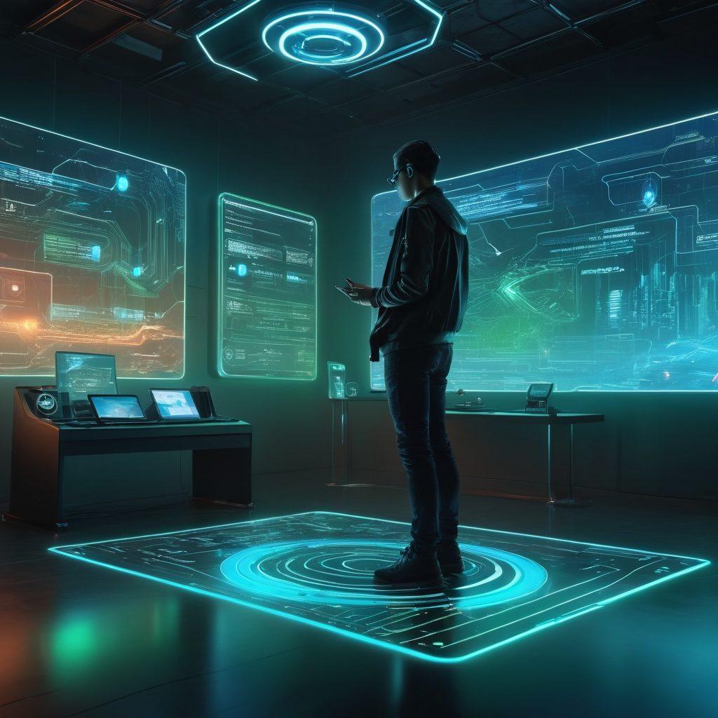 A futuristic scene showcasing various wireless gadgets like smartphones, smartwatches, and drones, all connected through glowing signal waves. In the background, a person is exploring software downloads on a holographic interface. The setting has a sleek and modern aesthetic, embodying innovation and technology. The color scheme is vibrant with hints of blue and green, suggesting a tech-savvy environment. cyberpunk. vibrant colors. 3D.