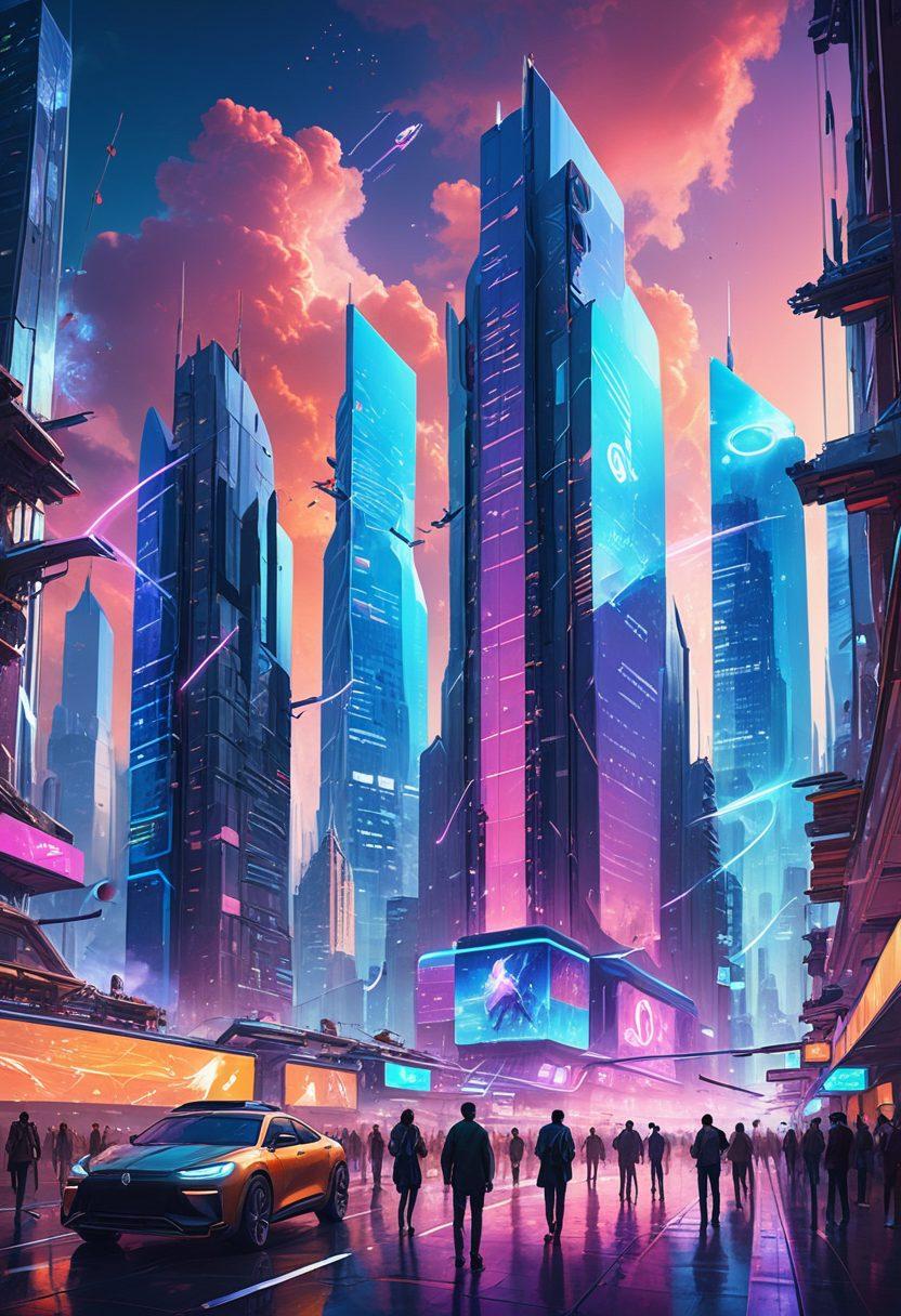 A dynamic illustration of a futuristic city skyline integrated with wireless technology, showcasing file transfer symbols like clouds and arrows connecting various mobile devices. The scene features diverse people actively using their smartphones, with holographic screens displaying data transfer. The color palette is bright and modern, highlighting the concept of digital revolution. cyberpunk. vibrant colors. 3D.