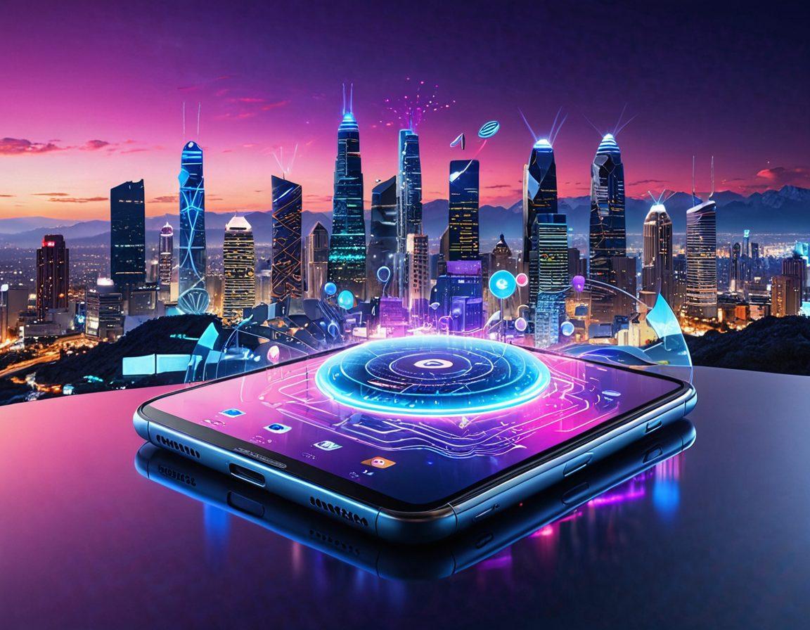 A futuristic digital landscape featuring a transparent smartphone displaying various downloadable content icons like games, movies, and software, surrounded by wireless signals and glowing circuitry. In the background, sleek high-tech city skyline under a twilight sky, integrating elements of wireless technology. Super-realistic. Vibrant colors. 3D.